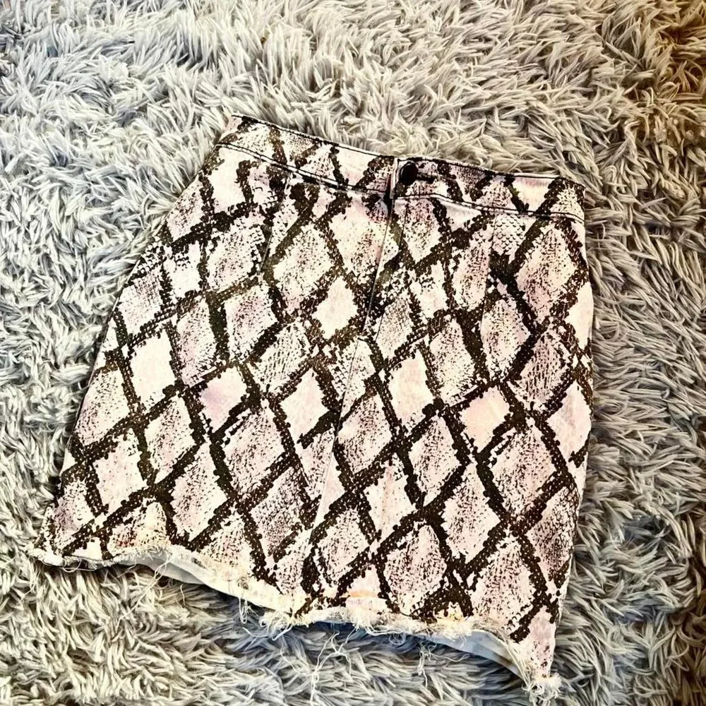 Pink Snake Print Distressed Preppy Rave Trashy Y2K Snookie Bodycon Mini Skirt - Picture 1 of 4